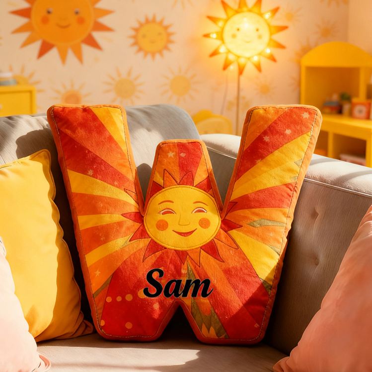 Personalized Sun Letter Custom Name Soft Decorative Gift Bright Sunshine Style Cozy Nursery Warm Smile Cheerful Daylight Cute Happy Energy Graphic 3D Print Pillow