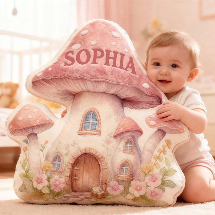 Personalized Mushroom House Custom Name Soft Decorative Gift Fairy Cottage Style Cozy Nursery Pink Dream Lovely Whimsical Magical Garden Graphic 3D Print Pillow