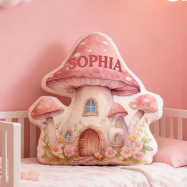 Personalized Mushroom House Custom Name Soft Decorative Gift Fairy Cottage Style Cozy Nursery Pink Dream Lovely Whimsical Magical Garden Graphic 3D Print Pillow