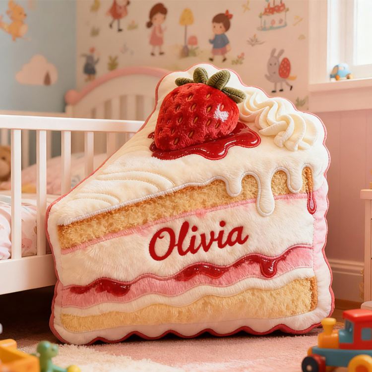 Personalized Strawberry Cake Slice Custom Name Soft Decorative Gift Sweet Bakery Style Cozy Home Dessert Pink Lovely Fun Magic Graphic 3D Print Pillow
