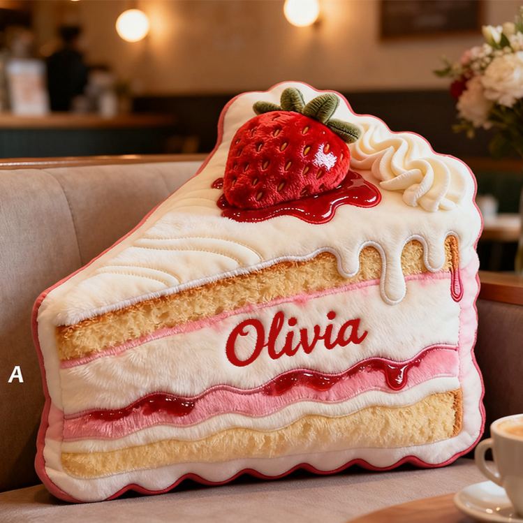 Personalized Strawberry Cake Slice Custom Name Soft Decorative Gift Sweet Bakery Style Cozy Home Dessert Pink Lovely Fun Magic Graphic 3D Print Pillow