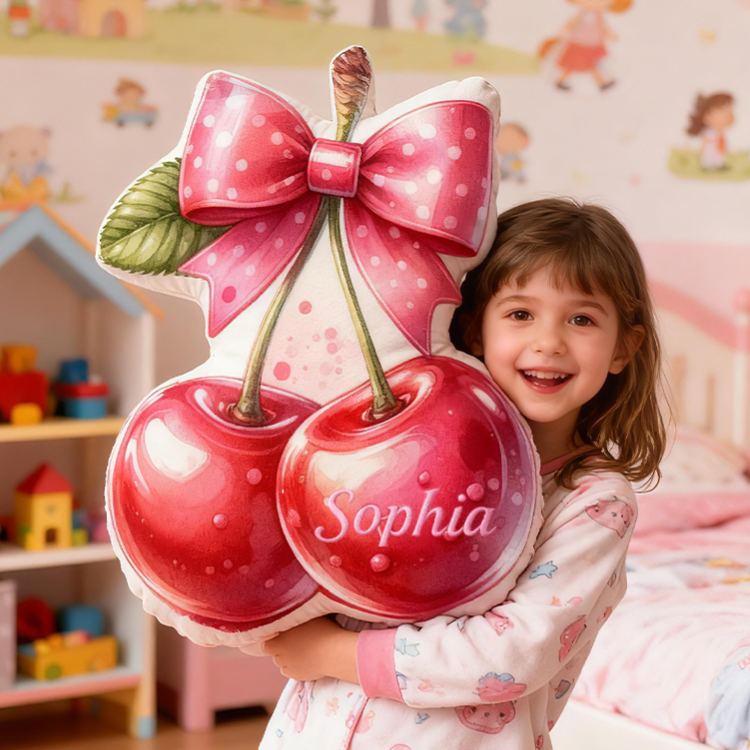 Personalized Cherry Bow Fruit Custom Name Soft Decorative Gift Sweet Princess Style Cozy Bedroom Pink Lovely Fresh Fun Magic Graphic 3D Print Pillow