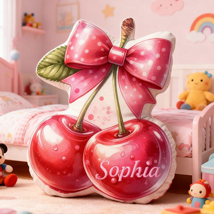 Personalized Cherry Bow Fruit Custom Name Soft Decorative Gift Sweet Princess Style Cozy Bedroom Pink Lovely Fresh Fun Magic Graphic 3D Print Pillow