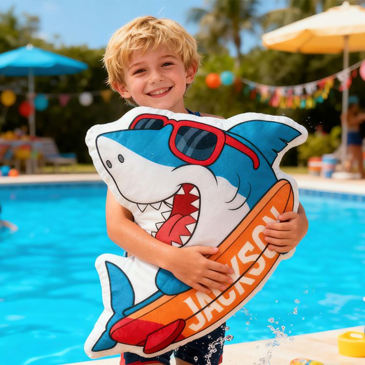 Personalized Cool Shark Surfboard Custom Name Soft Decorative Gift Summer Beach Style Fun Ocean Adventure Blue Waves Outdoor Vibe Graphic 3D Print Pillow