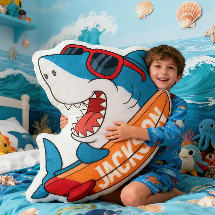 Personalized Cool Shark Surfboard Custom Name Soft Decorative Gift Summer Beach Style Fun Ocean Adventure Blue Waves Outdoor Vibe Graphic 3D Print Pillow