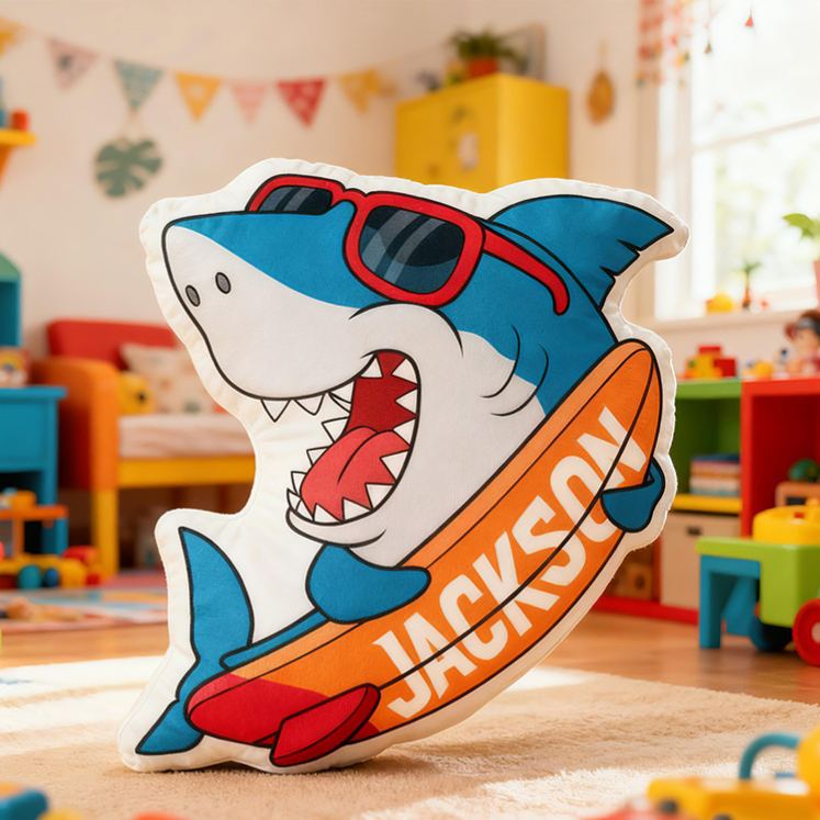 Personalized Cool Shark Surfboard Custom Name Soft Decorative Gift Summer Beach Style Fun Ocean Adventure Blue Waves Outdoor Vibe Graphic 3D Print Pillow