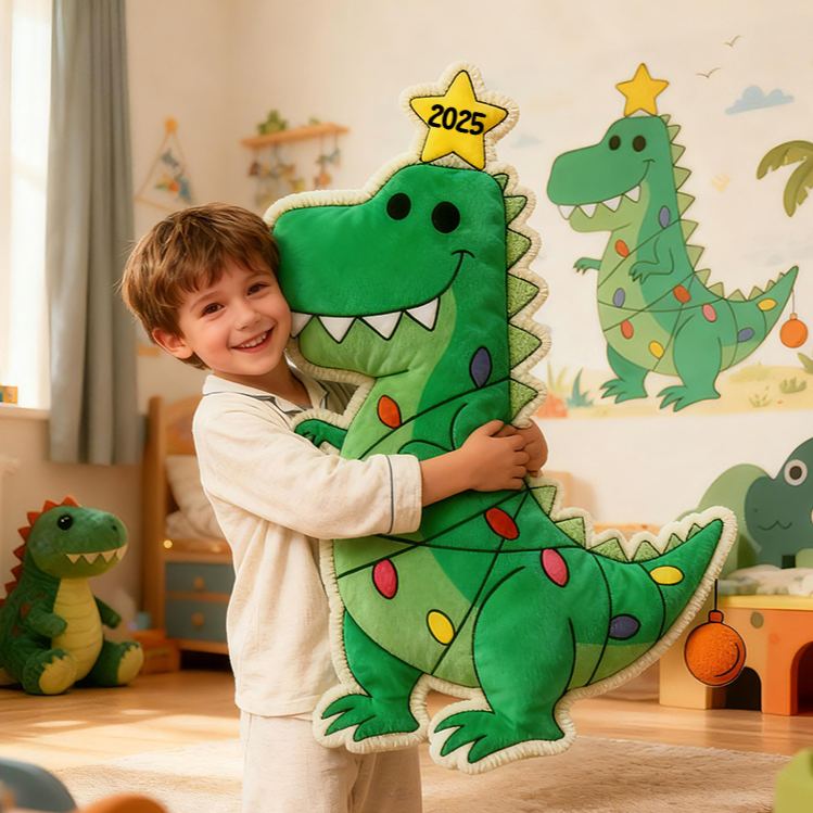 Personalized Christmas Dinosaur Light Custom Name Soft Decorative Gift Fun Holiday Style Cozy Kids Room Green Joyful Festive Magic Graphic 3D Print Pillow