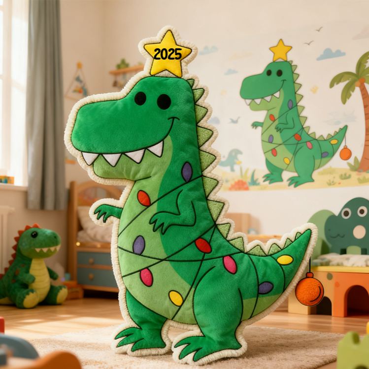 Personalized Christmas Dinosaur Light Custom Name Soft Decorative Gift Fun Holiday Style Cozy Kids Room Green Joyful Festive Magic Graphic 3D Print Pillow