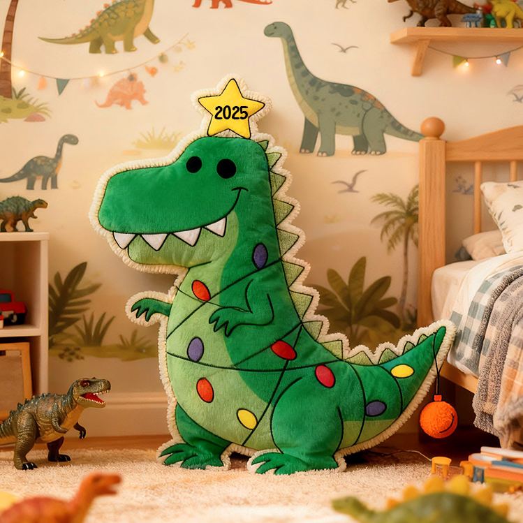 Personalized Christmas Dinosaur Light Custom Name Soft Decorative Gift Fun Holiday Style Cozy Kids Room Green Joyful Festive Magic Graphic 3D Print Pillow