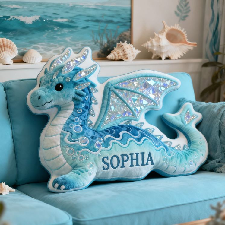 Personalized Blue Dragon Fantasy Custom Name Soft Decorative Gift Magical Creature Style Cozy Bedroom Dream Ocean Sparkle Mystic Graphic 3D Print Pillow