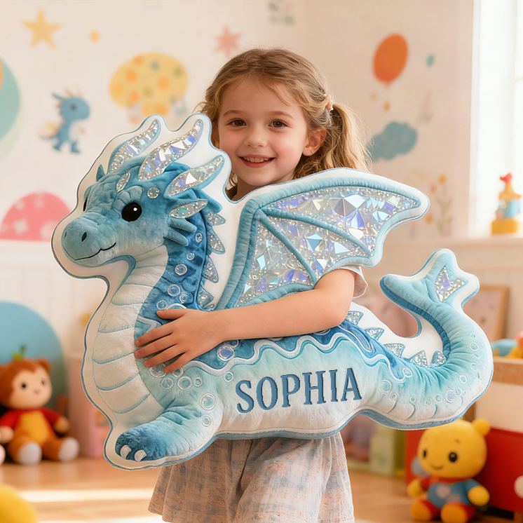 Personalized Blue Dragon Fantasy Custom Name Soft Decorative Gift Magical Creature Style Cozy Bedroom Dream Ocean Sparkle Mystic Graphic 3D Print Pillow