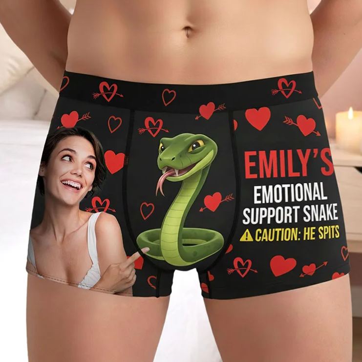 Personalized Girlfriend Wife Face Boxer Brief She’s Emotional Support Snake Men Underwear with Woman Face Valentines Day Gift for Boyfriend Husband