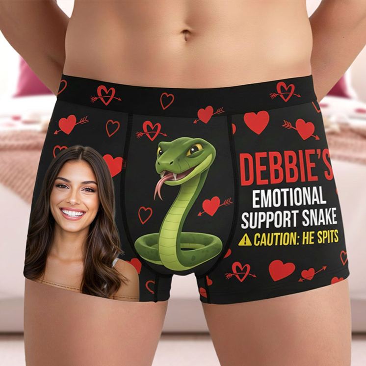 Personalized Girlfriend Wife Face Boxer Brief She’s Emotional Support Snake Men Underwear with Woman Face Valentines Day Gift for Boyfriend Husband