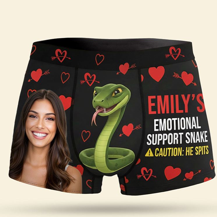 Personalized Girlfriend Wife Face Boxer Brief She’s Emotional Support Snake Men Underwear with Woman Face Valentines Day Gift for Boyfriend Husband