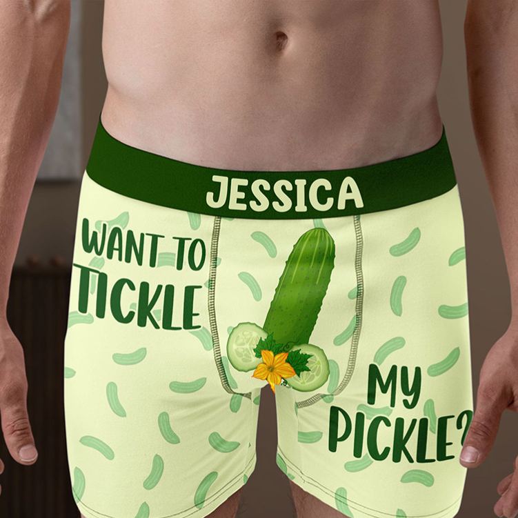 Personalized Man Want to Tickle My Pickle Boxer Brief Custom Man Cucumber Pattern Underwear with Name Valentines Day Gift for Boyfriend Husband