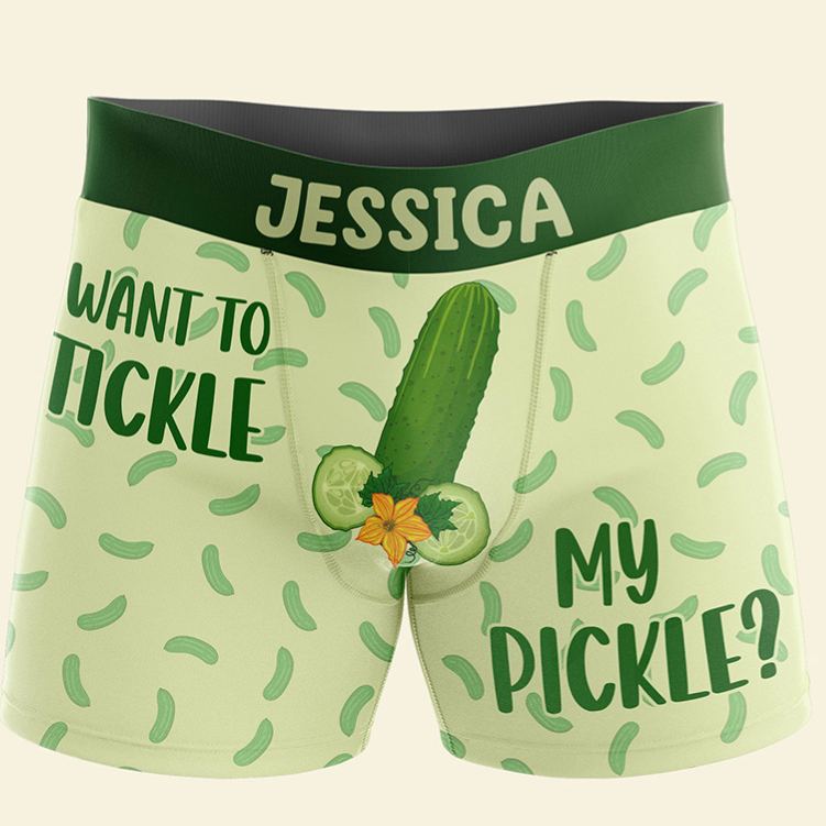Personalized Man Want to Tickle My Pickle Boxer Brief Custom Man Cucumber Pattern Underwear with Name Valentines Day Gift for Boyfriend Husband