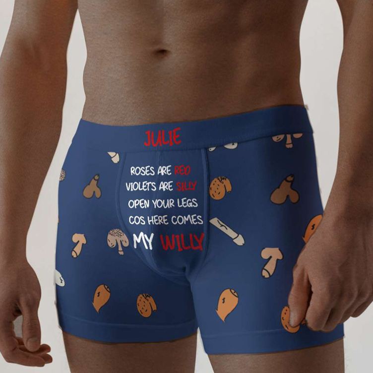 Personalized Man Roses are Red Violets are Silly Open Your Legs Cos Here Comes My Willy Boxer Brief Underwear Valentines Day Gift for Boyfriend Husband