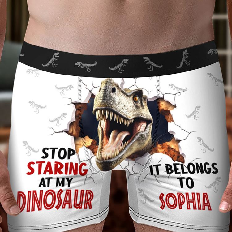 Personalized Man Stop Staring at My Dinosaur It Belongs to Her Boxer Brief Custom Men Underwear with Name Valentines Day Gift for Boyfriend Husband