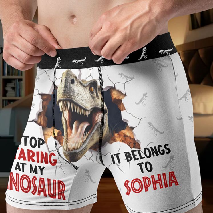 Personalized Man Stop Staring at My Dinosaur It Belongs to Her Boxer Brief Custom Men Underwear with Name Valentines Day Gift for Boyfriend Husband