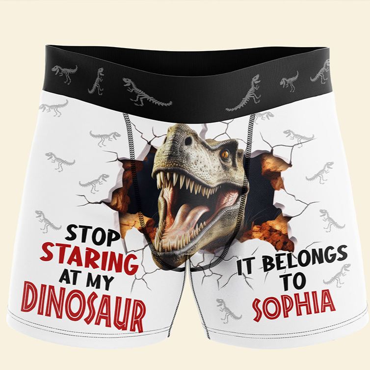 Personalized Man Stop Staring at My Dinosaur It Belongs to Her Boxer Brief Custom Men Underwear with Name Valentines Day Gift for Boyfriend Husband