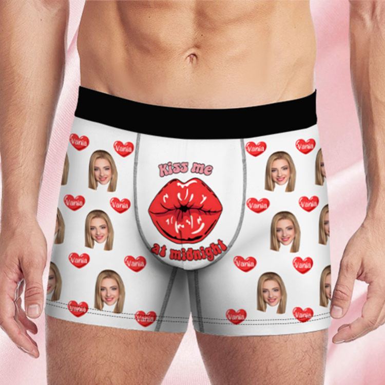 Personalized Girlfriend Wife Face Boxer Brief Kiss Me at Midnight Men Underwear with Woman Face Portrait Valentines Day Gift for Boyfriend Husband