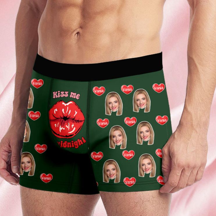 Personalized Girlfriend Wife Face Boxer Brief Kiss Me at Midnight Men Underwear with Woman Face Portrait Valentines Day Gift for Boyfriend Husband