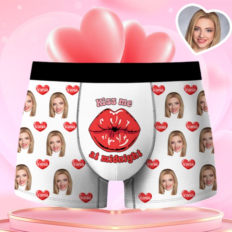 Personalized Girlfriend Wife Face Boxer Brief Kiss Me at Midnight Men Underwear with Woman Face Portrait Valentines Day Gift for Boyfriend Husband