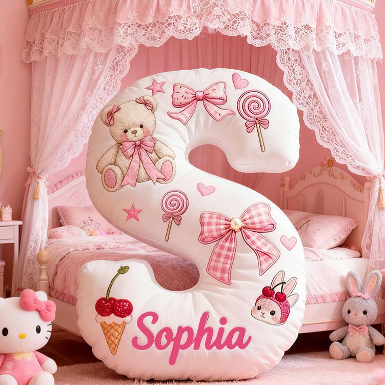 Personalized Teddy Bear Bow Candy Cherry Custom Name Soft Decorative Gift Sweet Princess Style Cozy Nursery Room Dream Pink Cute Graphic 3D Print Pillow
