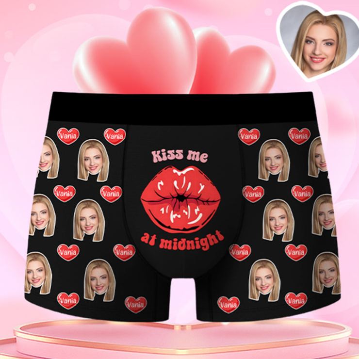 Personalized Girlfriend Wife Face Boxer Brief Kiss Me at Midnight Men Underwear with Woman Face Portrait Valentines Day Gift for Boyfriend Husband