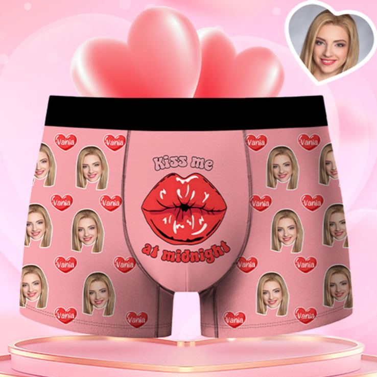 Personalized Girlfriend Wife Face Boxer Brief Kiss Me at Midnight Men Underwear with Woman Face Portrait Valentines Day Gift for Boyfriend Husband