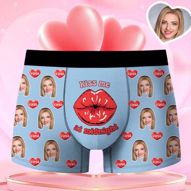 Personalized Girlfriend Wife Face Boxer Brief Kiss Me at Midnight Men Underwear with Woman Face Portrait Valentines Day Gift for Boyfriend Husband