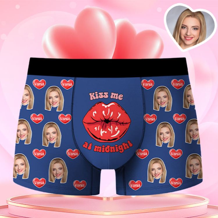 Personalized Girlfriend Wife Face Boxer Brief Kiss Me at Midnight Men Underwear with Woman Face Portrait Valentines Day Gift for Boyfriend Husband