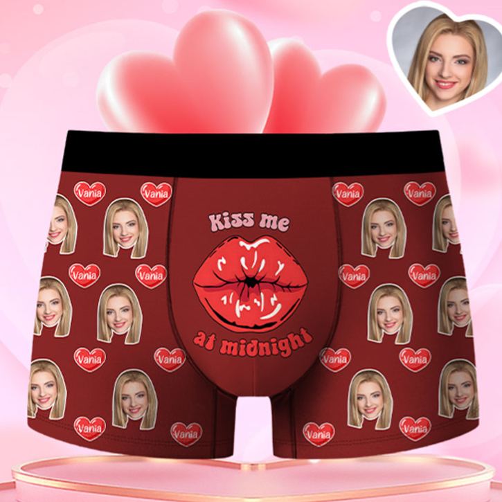 Personalized Girlfriend Wife Face Boxer Brief Kiss Me at Midnight Men Underwear with Woman Face Portrait Valentines Day Gift for Boyfriend Husband