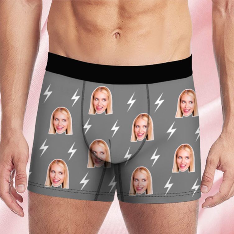 Personalized Girlfriend Wife Face Boxer Brief Lightning Print Men Underwear with Woman Face Photo Portrait Valentines Day Gift for Boyfriend Husband