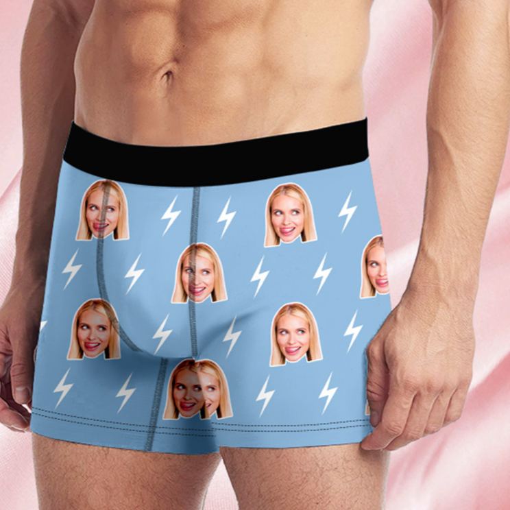 Personalized Girlfriend Wife Face Boxer Brief Lightning Print Men Underwear with Woman Face Photo Portrait Valentines Day Gift for Boyfriend Husband
