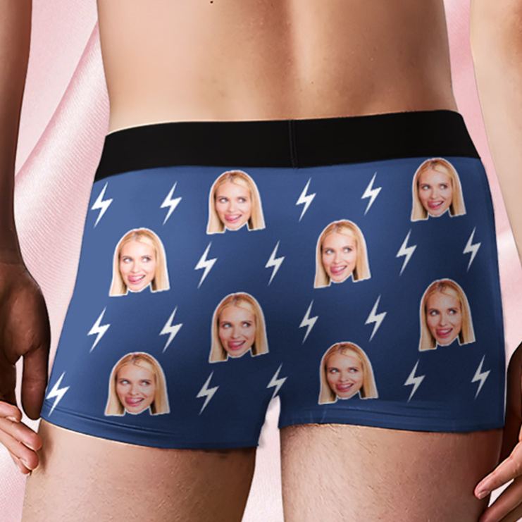 Personalized Girlfriend Wife Face Boxer Brief Lightning Print Men Underwear with Woman Face Photo Portrait Valentines Day Gift for Boyfriend Husband