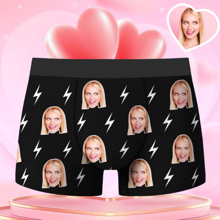 Personalized Girlfriend Wife Face Boxer Brief Lightning Print Men Underwear with Woman Face Photo Portrait Valentines Day Gift for Boyfriend Husband