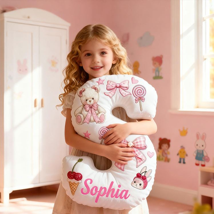 Personalized Teddy Bear Bow Candy Cherry Custom Name Soft Decorative Gift Sweet Princess Style Cozy Nursery Room Dream Pink Cute Graphic 3D Print Pillow