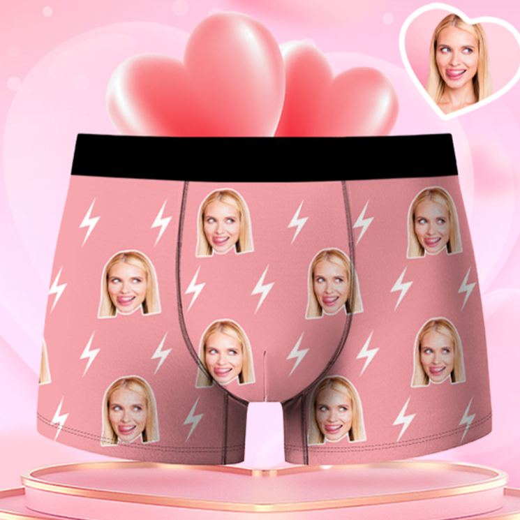 Personalized Girlfriend Wife Face Boxer Brief Lightning Print Men Underwear with Woman Face Photo Portrait Valentines Day Gift for Boyfriend Husband