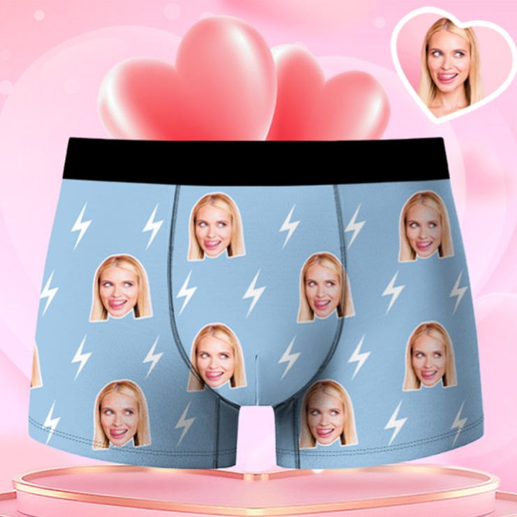 Personalized Girlfriend Wife Face Boxer Brief Lightning Print Men Underwear with Woman Face Photo Portrait Valentines Day Gift for Boyfriend Husband