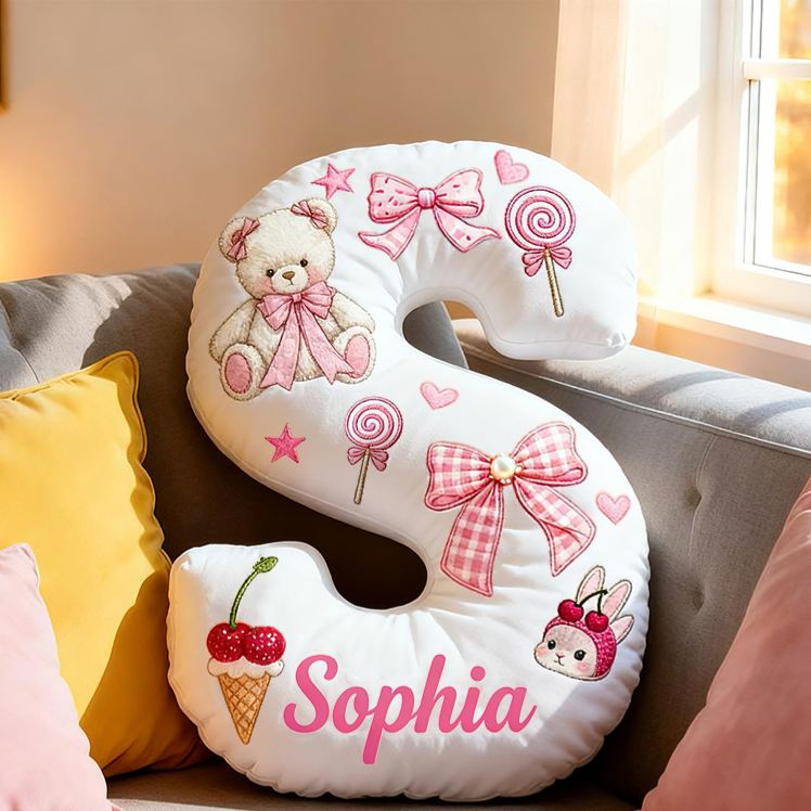 Personalized Teddy Bear Bow Candy Cherry Custom Name Soft Decorative Gift Sweet Princess Style Cozy Nursery Room Dream Pink Cute Graphic 3D Print Pillow