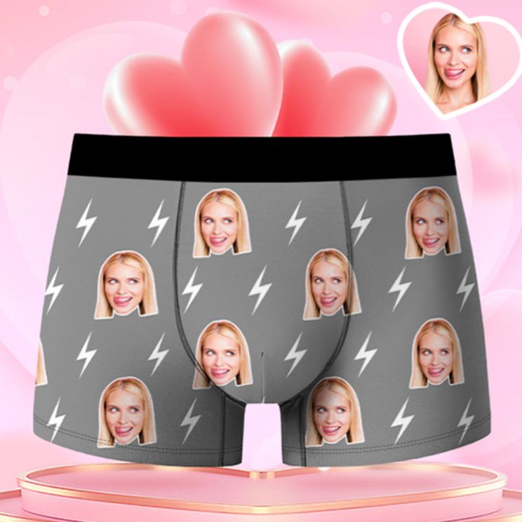Personalized Girlfriend Wife Face Boxer Brief Lightning Print Men Underwear with Woman Face Photo Portrait Valentines Day Gift for Boyfriend Husband