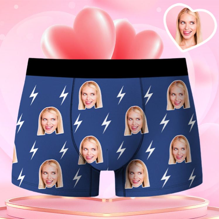 Personalized Girlfriend Wife Face Boxer Brief Lightning Print Men Underwear with Woman Face Photo Portrait Valentines Day Gift for Boyfriend Husband