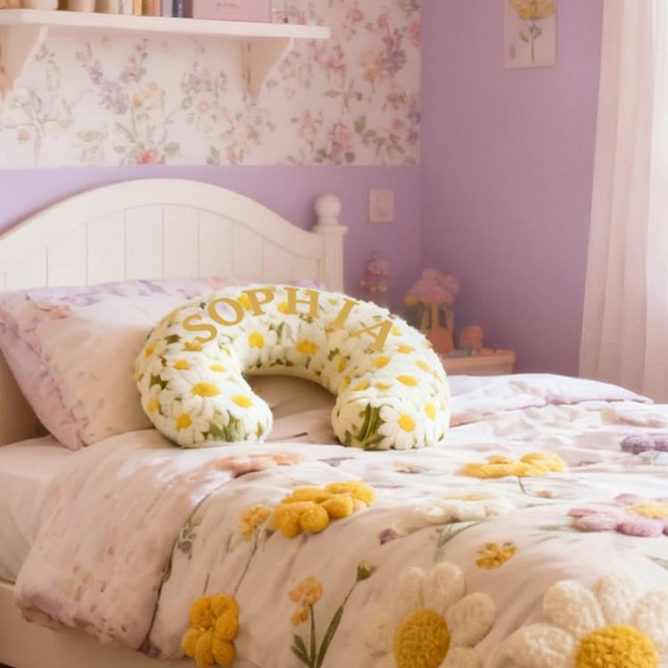 Personalized Daisy Flower Pattern Custom Name Soft Travel Gift Spring Style Cozy Airplane Comfort Bright Yellow Fresh Nature U-Shaped Pillow