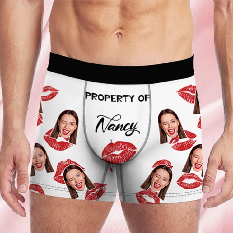 Personalized Girlfriend Wife Face Boxer Brief Red Lips Print Property of Her Men Underwear with Photo Valentines Day Gift for Boyfriend Husband