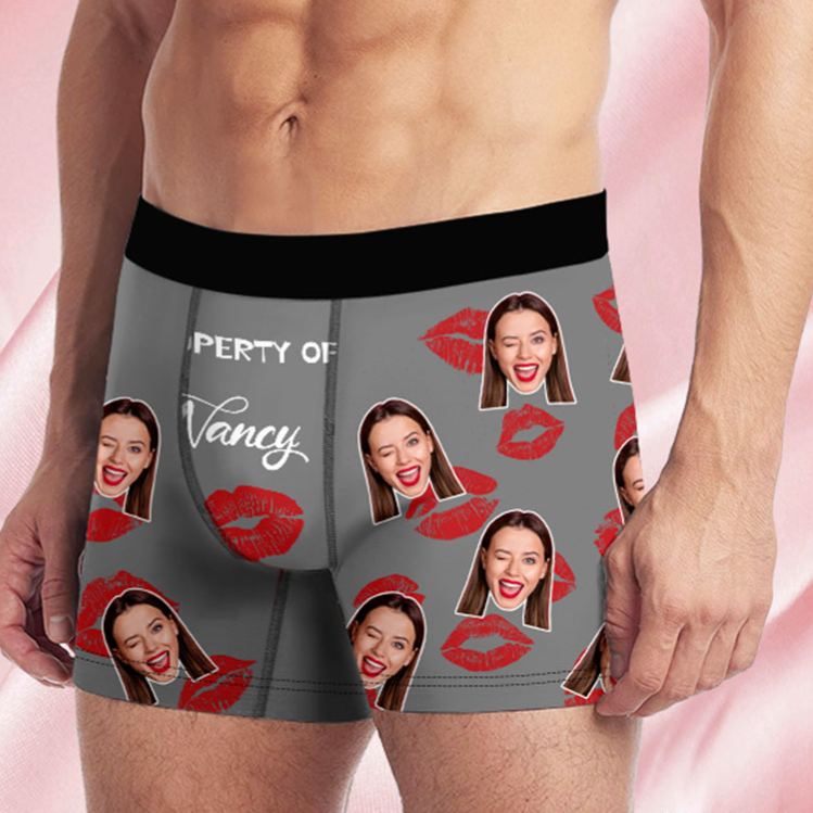 Personalized Girlfriend Wife Face Boxer Brief Red Lips Print Property of Her Men Underwear with Photo Valentines Day Gift for Boyfriend Husband