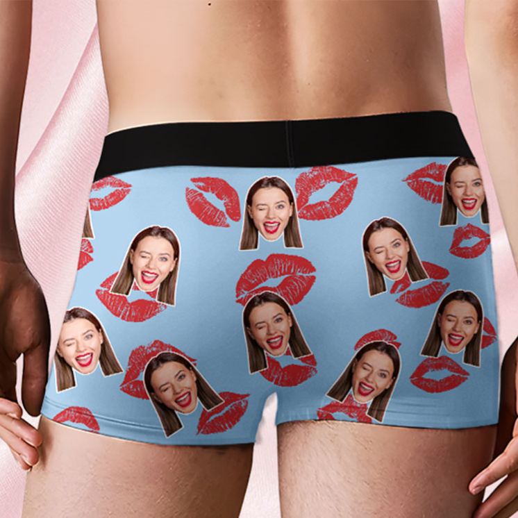 Personalized Girlfriend Wife Face Boxer Brief Red Lips Print Property of Her Men Underwear with Photo Valentines Day Gift for Boyfriend Husband