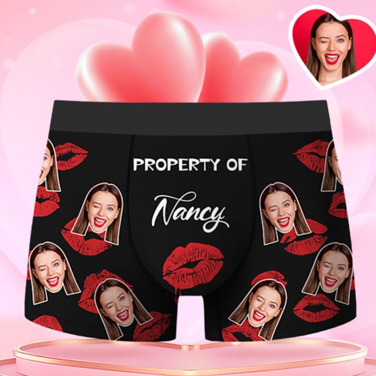 Personalized Girlfriend Wife Face Boxer Brief Red Lips Print Property of Her Men Underwear with Photo Valentines Day Gift for Boyfriend Husband