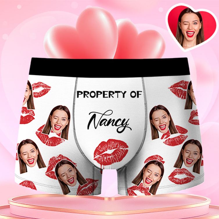 Personalized Girlfriend Wife Face Boxer Brief Red Lips Print Property of Her Men Underwear with Photo Valentines Day Gift for Boyfriend Husband