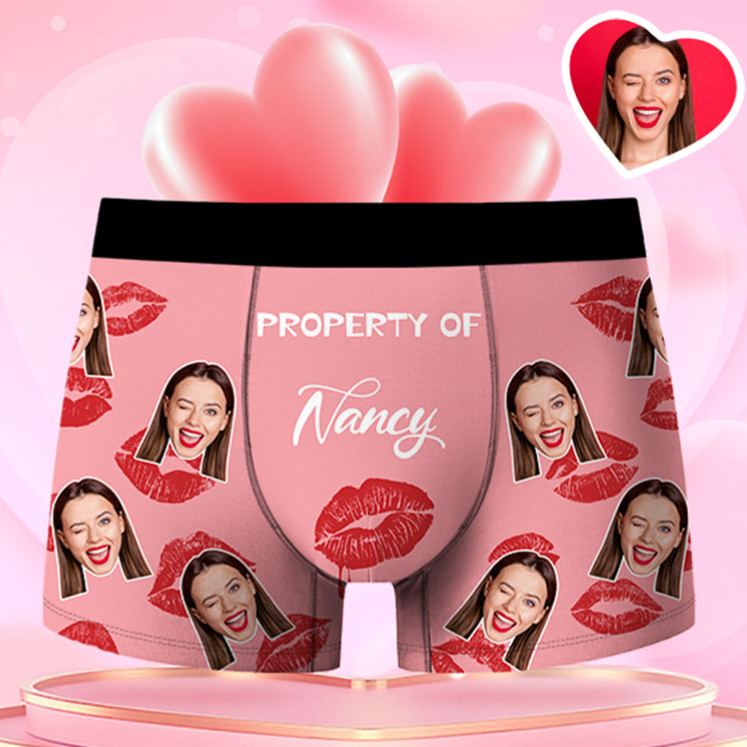 Personalized Girlfriend Wife Face Boxer Brief Red Lips Print Property of Her Men Underwear with Photo Valentines Day Gift for Boyfriend Husband